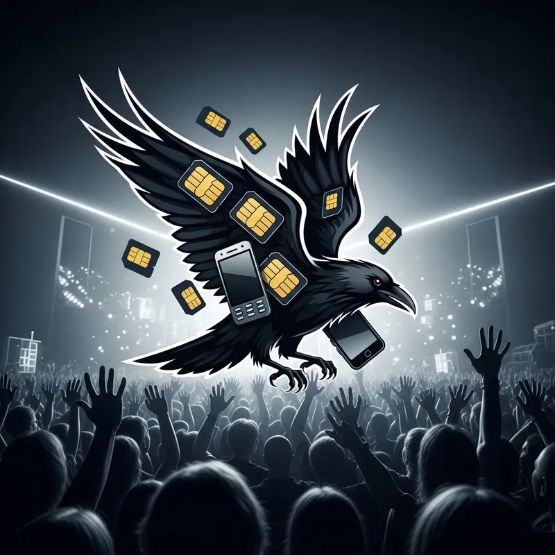Striking Black and White Photograph: Dynamic Raven Logo Soaring in Rave Scene Striking Black and White Photograph: Dynamic Raven Logo Soaring in Rave Scene