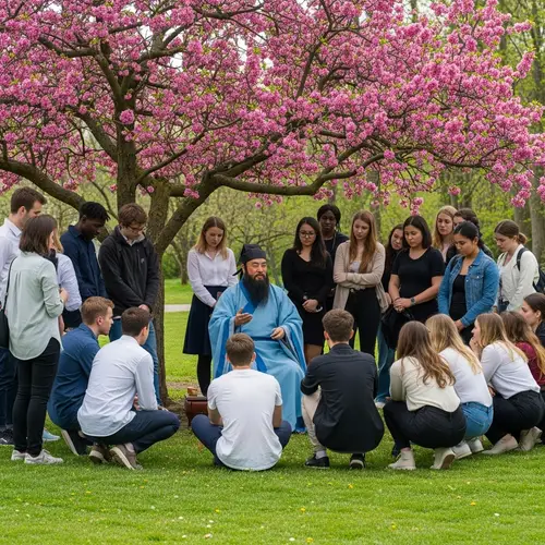 Confucius Teaching Under Tree with Diverse Group of Students