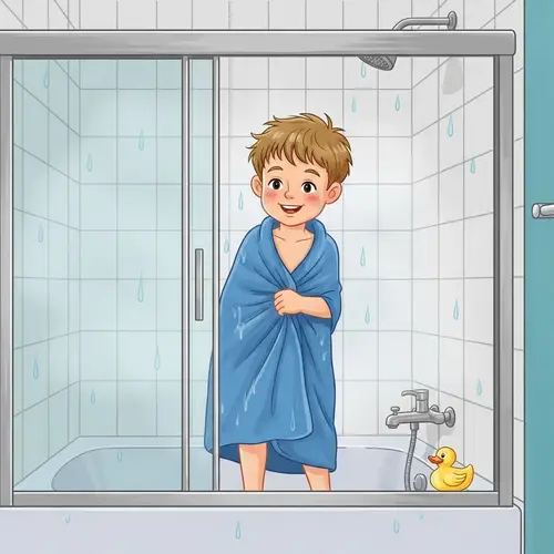 Happy Child Stepping Out of a Shower
