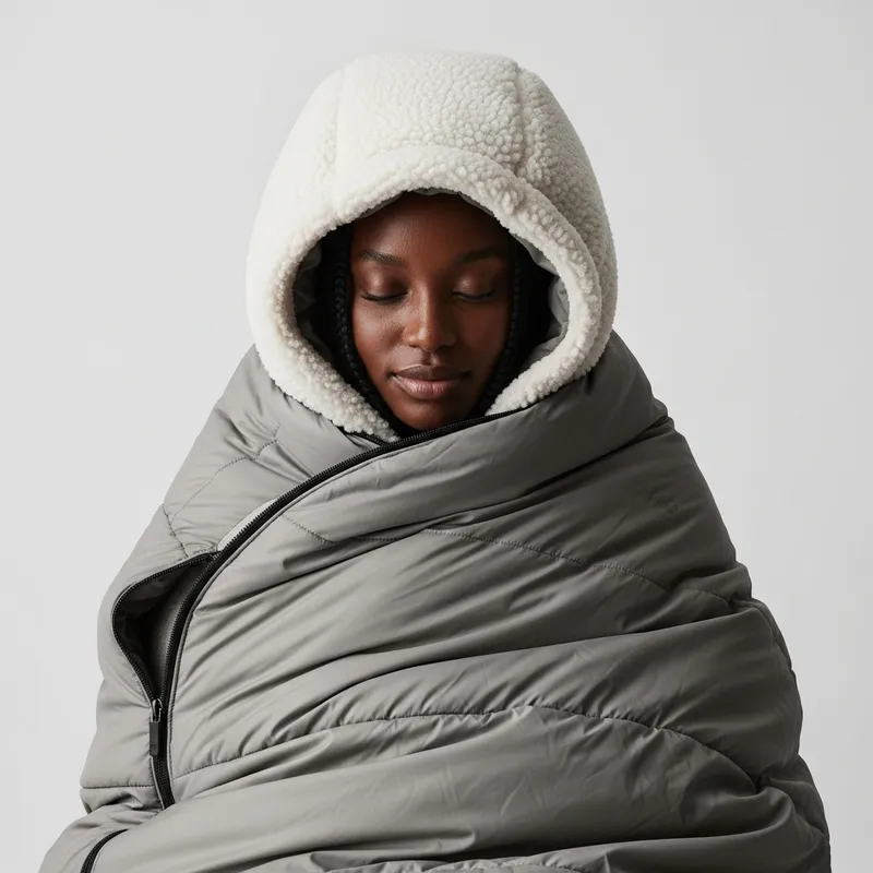 Cozy Hooded Black Woman in Plush Sherpa Sleeping Bag