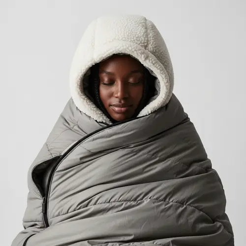 Cozy Black Woman in Sherpa Sleeping Bag - Warmth & Comfort