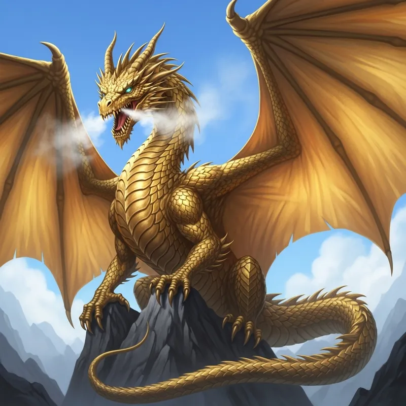 Golden Dragon - Enormous Mythical Creature Atop Craggy Mountain