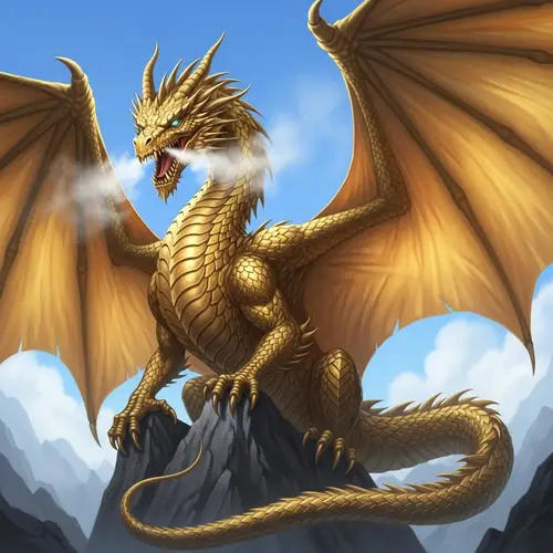 Majestic Golden Dragon - Mythical Creature atop Craggy Mountain
