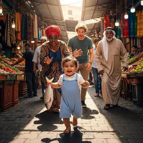 Joyful South Asian Infant Running in Market with Fish