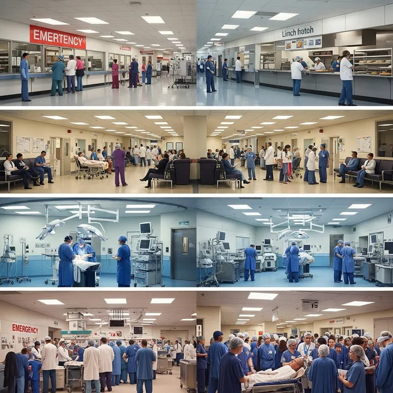 Bustling Multi-Floored Hospital - Emergency, OR, Hallway, Registration, Cafeteria Bustling Multi-Floored Hospital - Emergency, OR, Hallway, Registration, Cafeteria