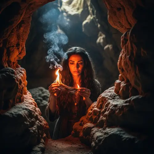 Middle-Eastern Woman Burning Hair in Cave