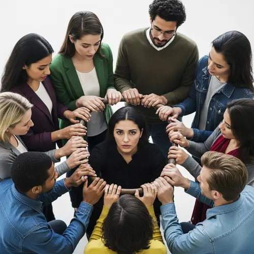 Symbolic Oppression: People Surrounding Woman, Conveying Confinement
