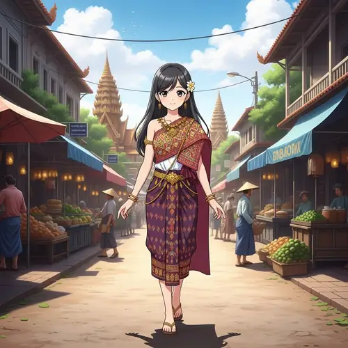 Cambodian Anime Girl in Traditional Dress - Vibrant Cultural Scene