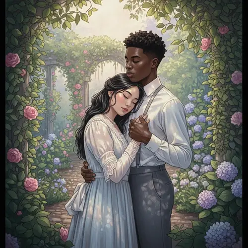 Romantic Asian Woman & Black Man Couple Embracing in Secluded Garden