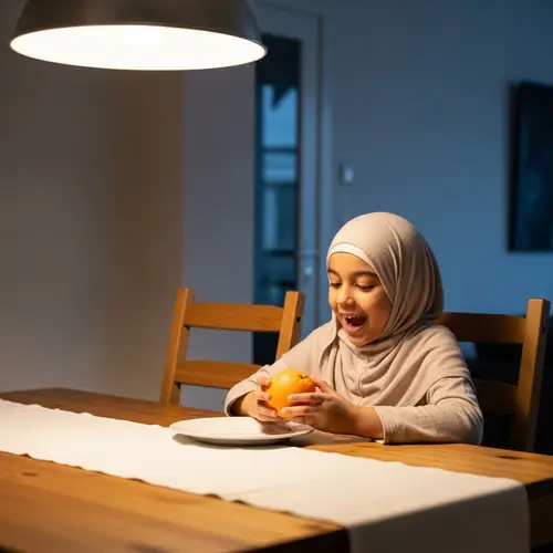 Olivia Muslim Girl Enjoying Juicy Orange at Dinner Table