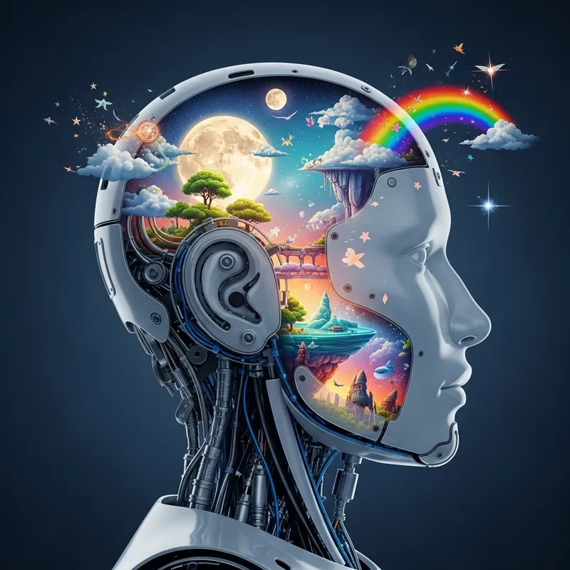 Robotic Human Head with Surreal Dreamscapes Robotic Human Head with Surreal Dreamscapes