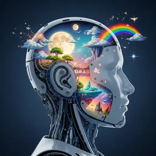 Robotic Human Head Dreamscape | Surreal Fantasy Inside Structure