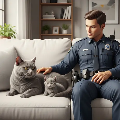 Gray Cat and Kitten Resting on White Couch with Police Officer