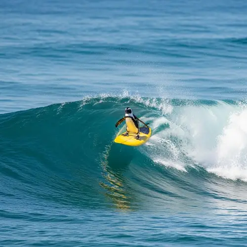 Penguin Surfing: Adventure on a Yellow Surfboard in the Azure Ocean