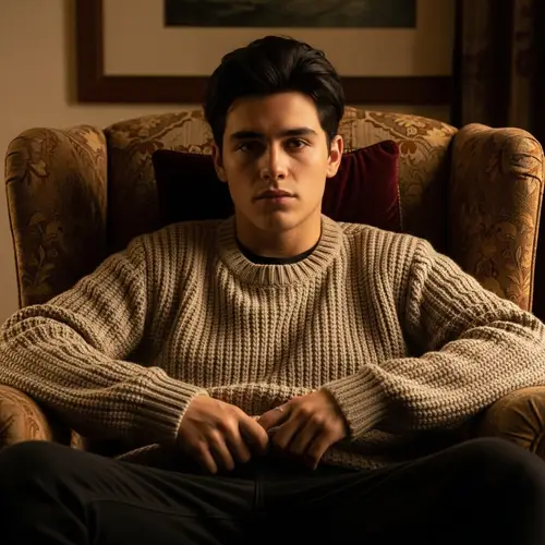 Youthful Man in Knitted Sweater | Cozy Armchair Setting