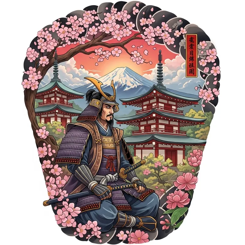 Vibrant Japanese Samurai Tattoo with Temple, Cherry Blossom, Mount Fuji