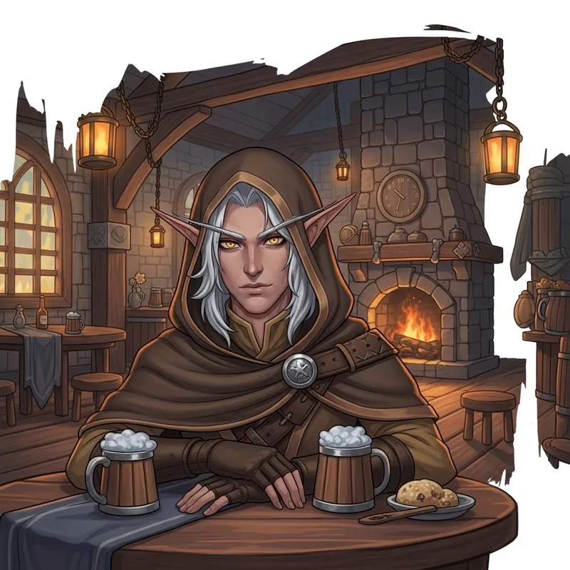 Male Elf Art in Fantasy Tavern | Yellow Eyes, White Hair, Hood
