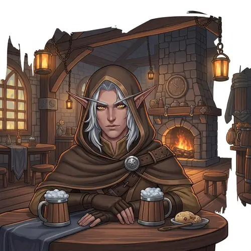 Male Elf Art in Fantasy Tavern | Yellow Eyes, White Hair