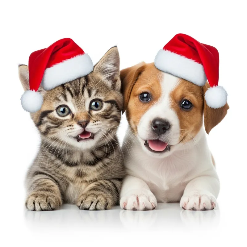 Cute Kitten and Puppy in Festive Hats | Joyful Studio Photo