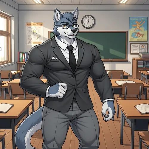 Sophisticated Wolf Character in Gray Suit in Classroom Setting