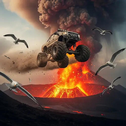 Truck Flying Over Erupting Volcano