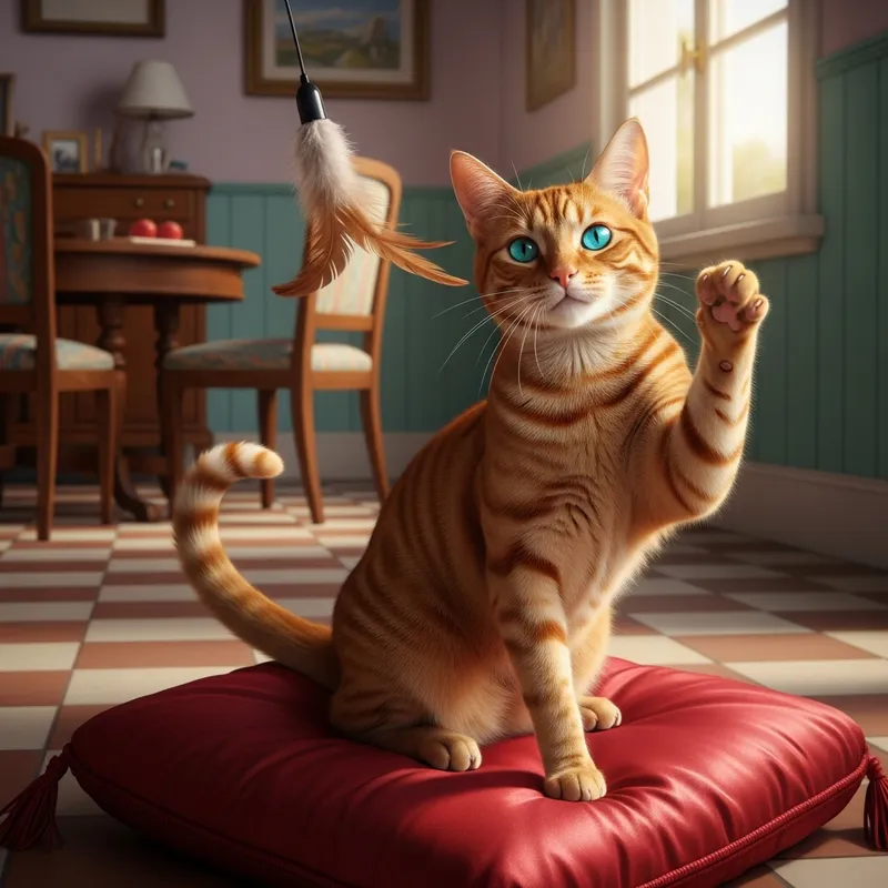 Orange Cat with Turquoise Eyes on Red Cushion