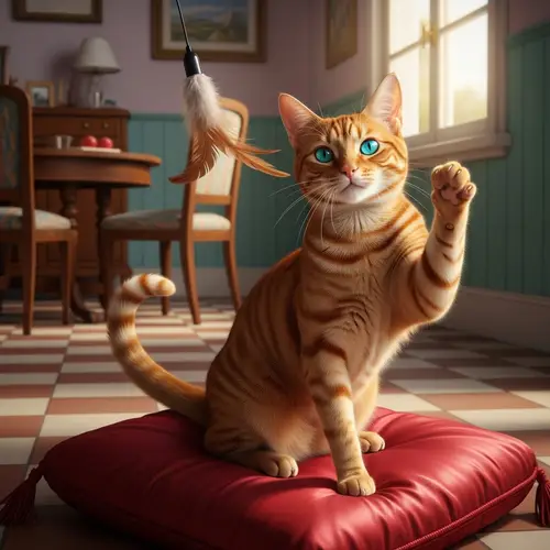 Sleek Orange Cat with Turquoise Eyes on Red Cushion