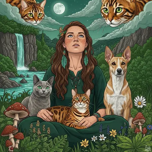 Golden Bengal Cat and Shaman Woman in Green Tones