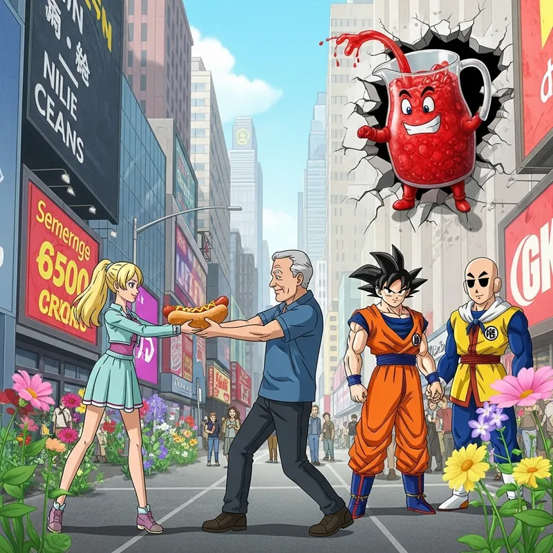 Barbie and Oppenheimer fighting over hotdog in New York | Goku find one punch | Flowers and Kool-Aid man
