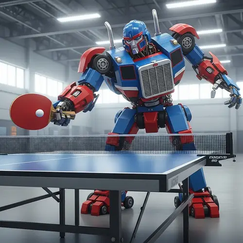 Blue and Red Robot Playing Table Tennis with Truck-Like Features