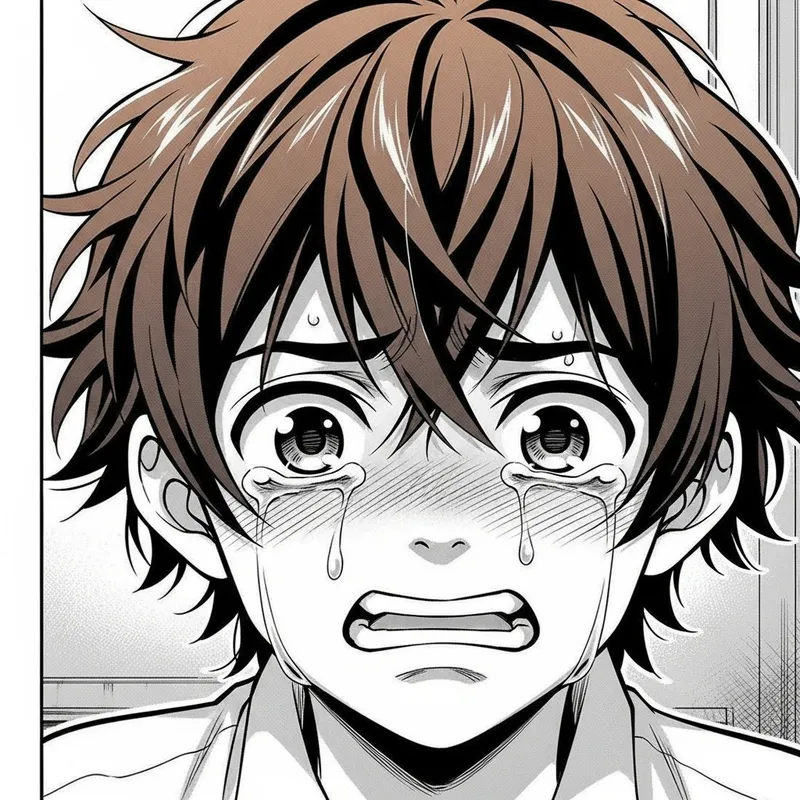 Manga Boy Crying with Brown Hair - Emotional Art