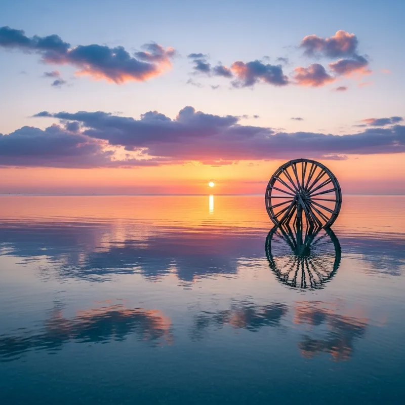 Whimsical Driftwood Wheel Over Flying Clouds at Calm Sea