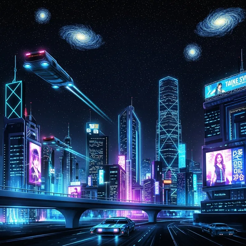 Starry Night Cityscape: Neon Hues & Starlit Skies