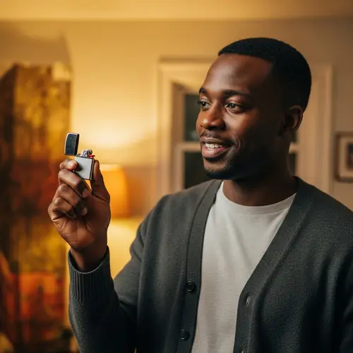 Mid-Thirties Black Man Admiring Lighter in Warmly Lit Room