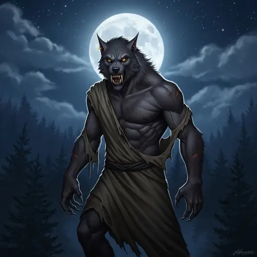 Eerie Werewolf Transformation Under Full Moon Night Sky