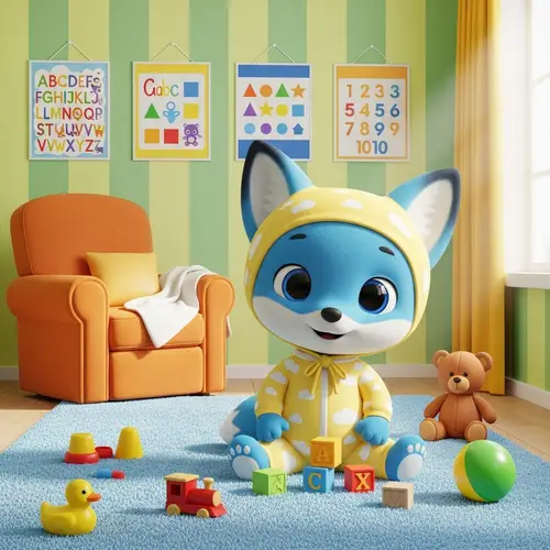Cheerful Blue Fox Cartoon Character in Nursery