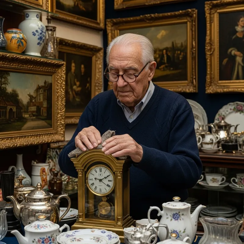 Elderly Hispanic Man in Antique Shop | Vintage Brass Clock and Treasures