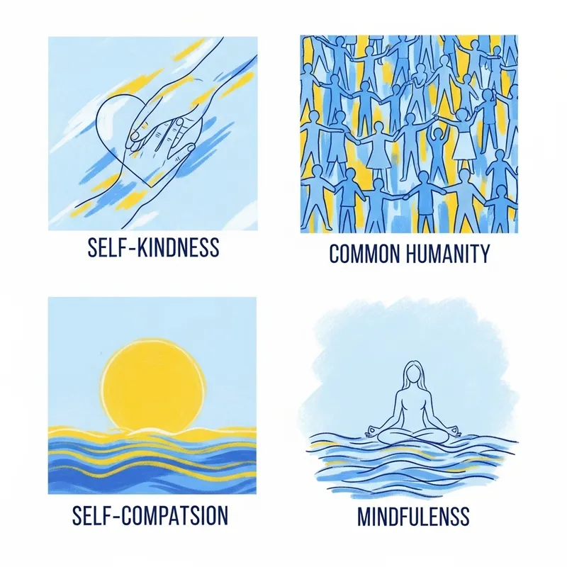 Illustrating Self-Compassion: Kindness, Humanity, Mindfulness in Light Blue