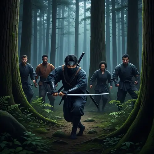 Asian Ninja Evades 5 Criminals in Ancient Japanese Forest