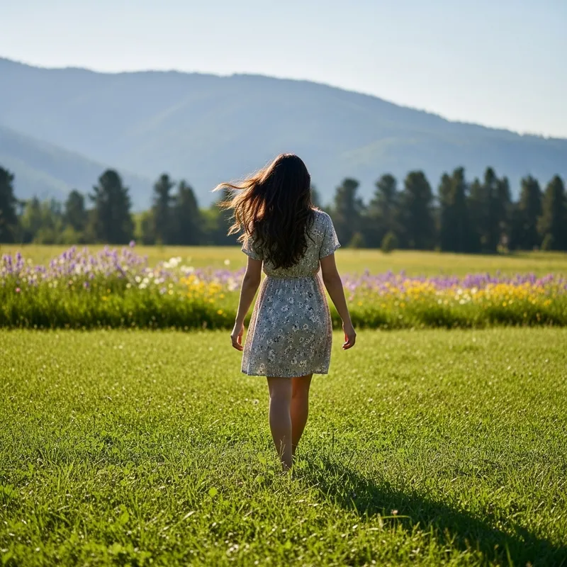 Tranquil Hispanic Woman Walking Through Scenic Green Field