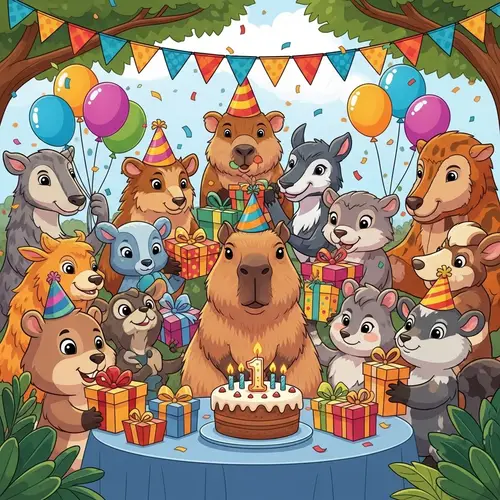 Colorful Cartoon Birthday Celebration with Capybara and Friends