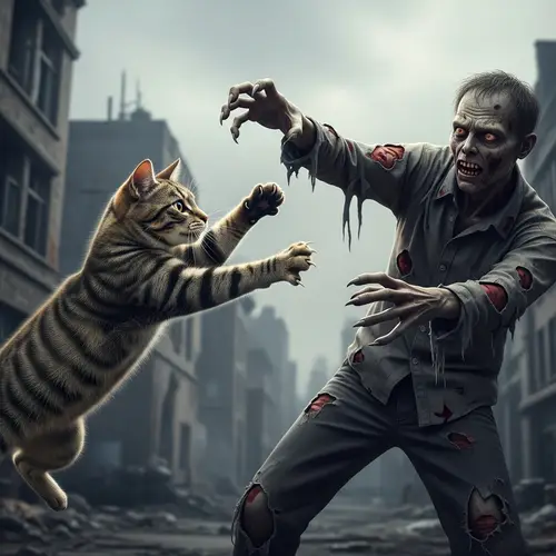 Fearless Cat Battles Zombie in Urban Decay