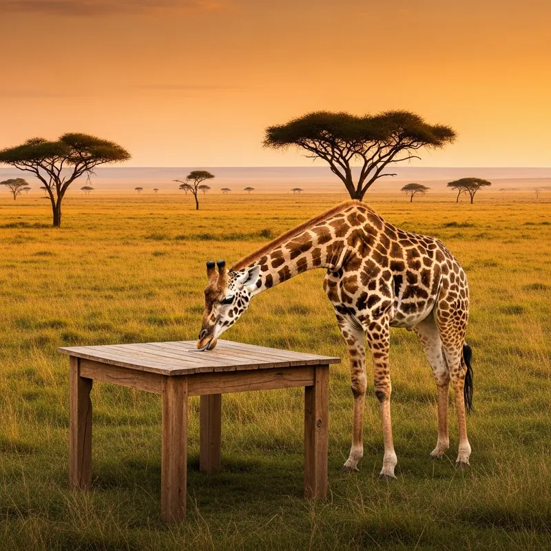 Giraffe Munching on Table in Savanna Giraffe Munching on Table in Savanna