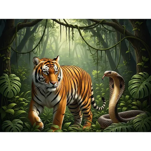 Tiger and Cobra Encounter in Lush Jungle | Wildlife Scene