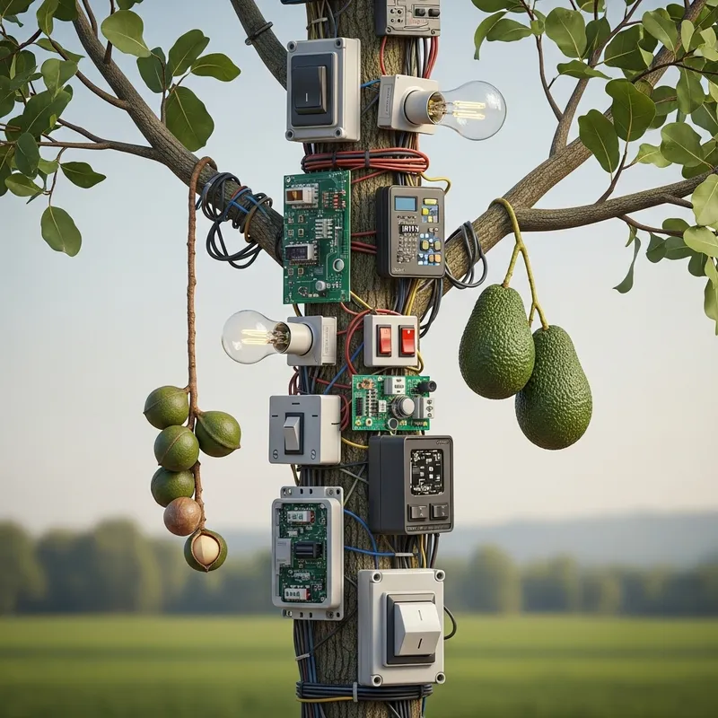 Tree Stem with Electrical Equipment and Macadamia Nuts & Avocados