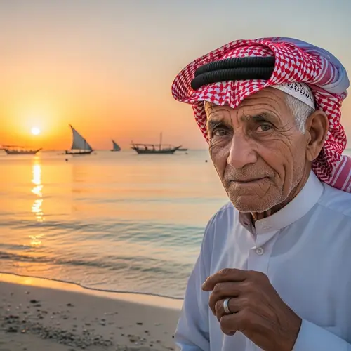 Traditional Gulf Attire: Elderly Man with Seascape Backdrop