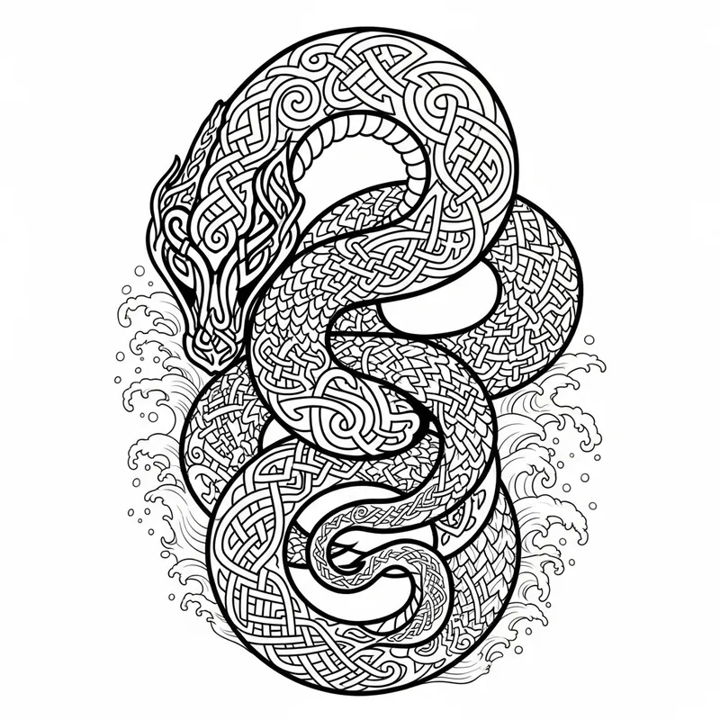 Intricate Jörmungandr Viking Tattoo Design with Ocean Theme