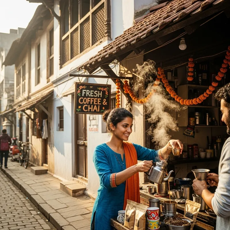 House with South Asian Woman Selling Coffee