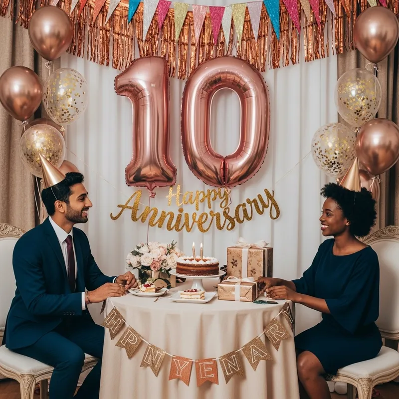Tenth Anniversary Celebration: Balloons, Cake, and Love