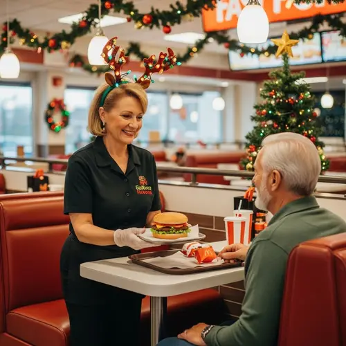 Festive Fast Food Scene with Christmas Decorations | Seasonal Delight